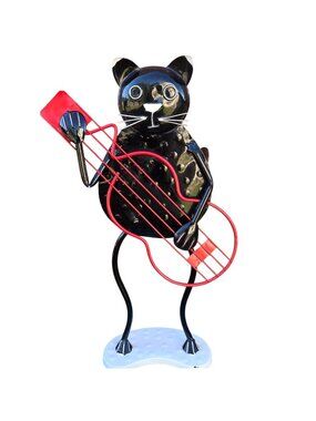 Black Cat Guitar Player Musician Statue Metal Sculpture Musician Bass 25 Inch